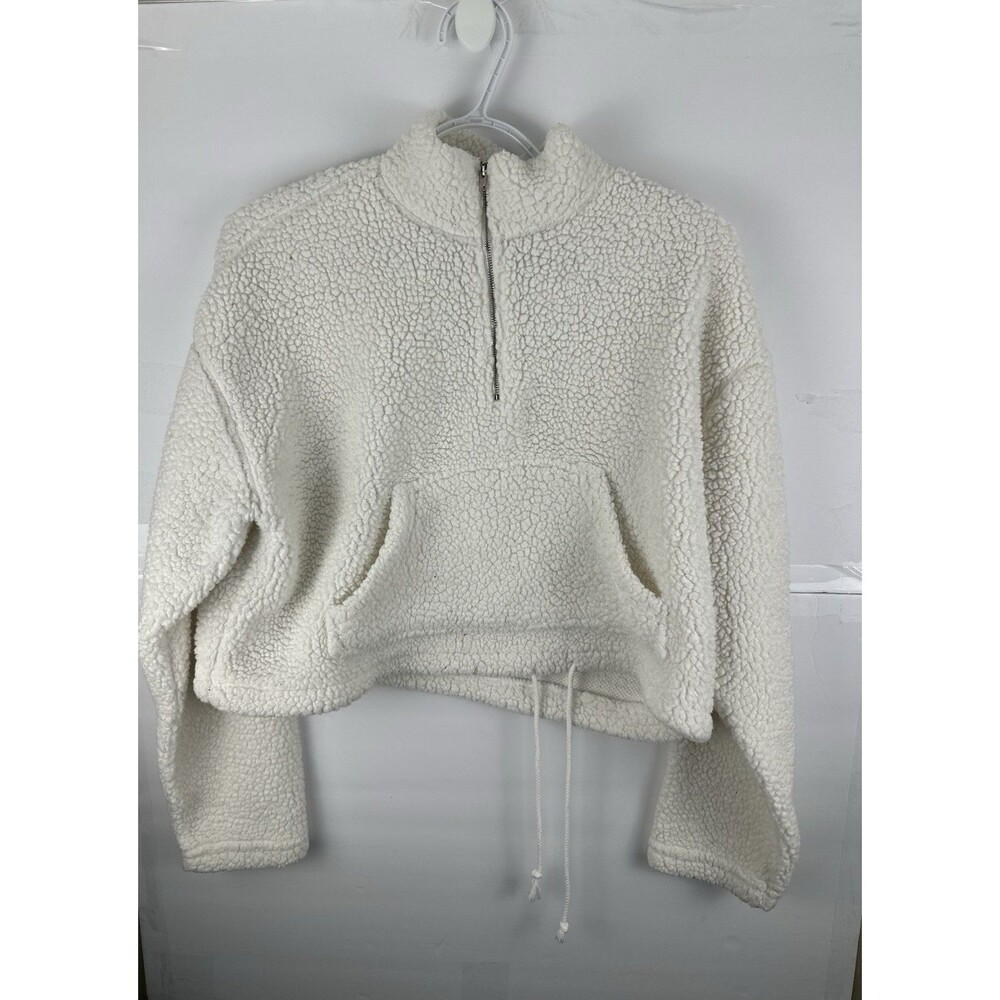 Heart Hips Women's White Sherpa Teddy Fleece Cropped Quarter Zip Pullover S